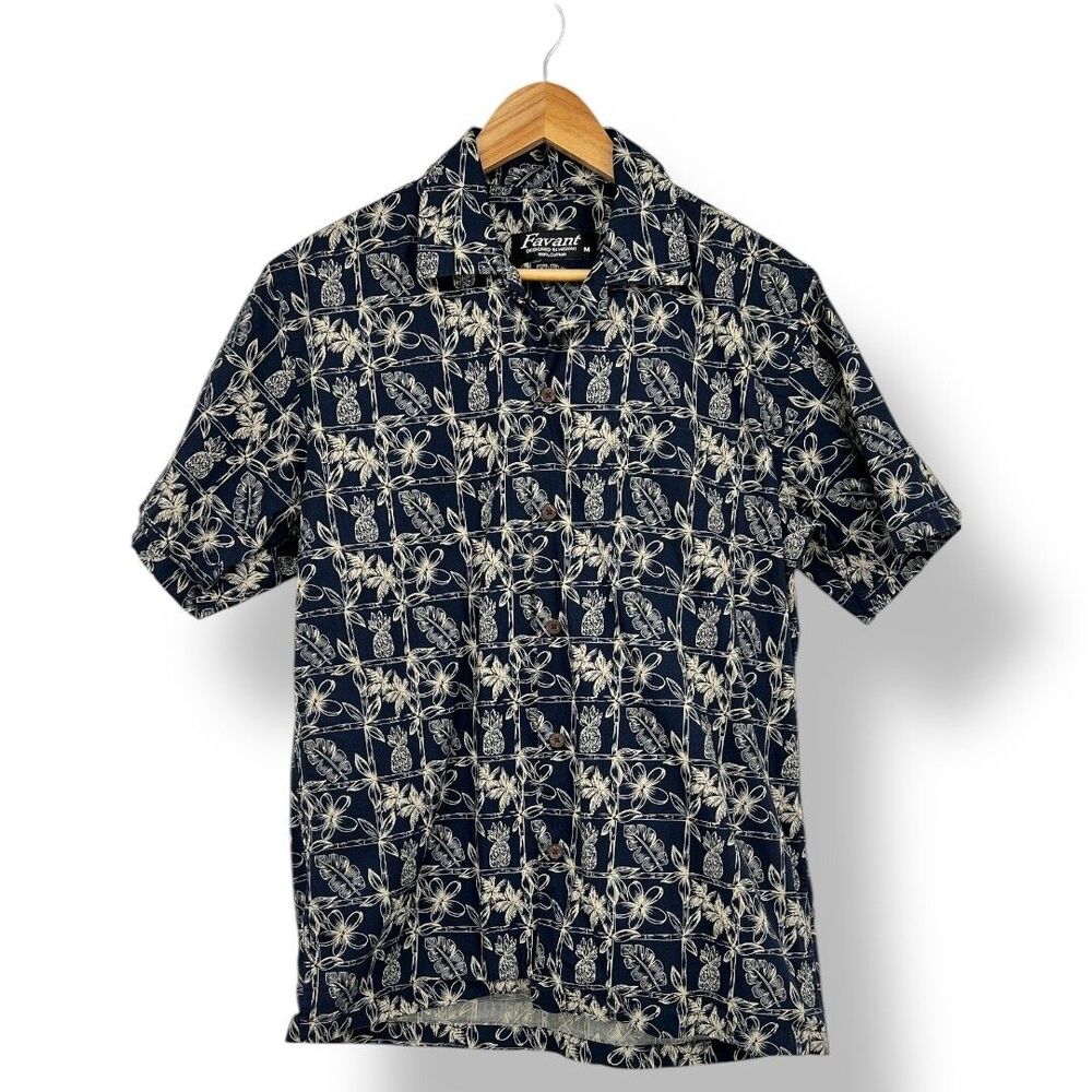 Favant Button Front Hawaiian Shirt Mens Medium Black Floral Pineapple Cotton VTG